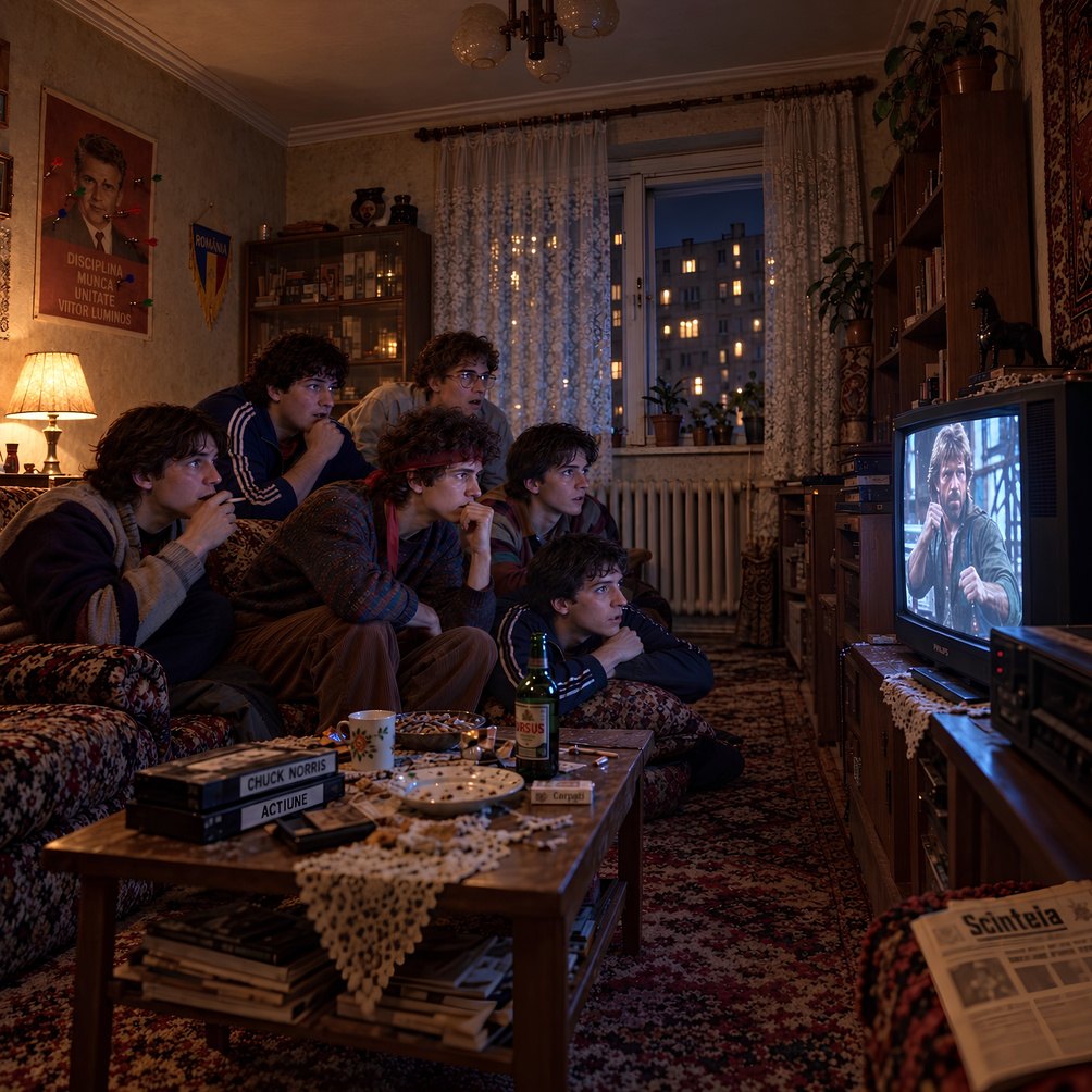Teenagers crowded around a television watching a bootleg action movie in a 1980s apartment