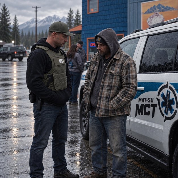 A police officer and a man in a flannel jacket talking beside a patrol vehicle in Alaska