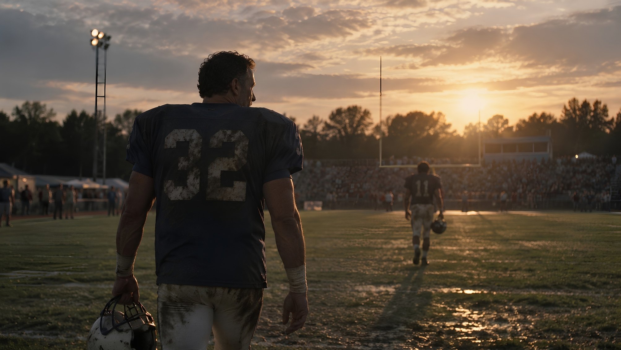 A football player walking across a field at sunset
